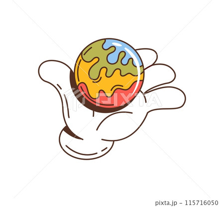 Retro groovy space character, cartoon vector hand holding colorful, globe-like object, with blue, green, yellow, and red areas representing the Earth, symbolizing care or environmental responsibility Retro groovy space character, cartoon vector hand holding colorful, globe-like object, with blue, green, yellow, and red areas representing the Earth, symbolizing care or environmental responsibility 115716050