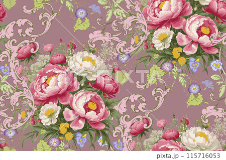 Victorian seamless floral pattern. Bright colors. Suitable for fabric, wrapping paper and the like Victorian seamless floral pattern. Bright colors. Suitable for fabric, wrapping paper and the like 115716053