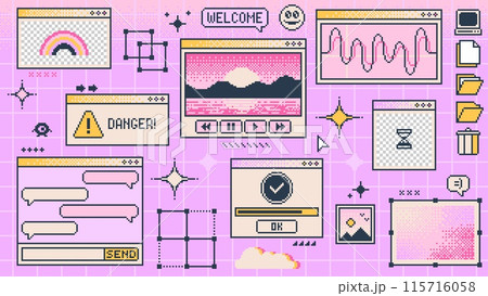 Retro y2k computer window page interface. Vector pc desktop with folders, loading bar, program error, chat app, sparks, browser and menu icons. Rave pink screen background in old 2000s aesthetic style Retro y2k computer window page interface. Vector pc desktop with folders, loading bar, program error, chat app, sparks, browser and menu icons. Rave pink screen background in old 2000s aesthetic style 115716058
