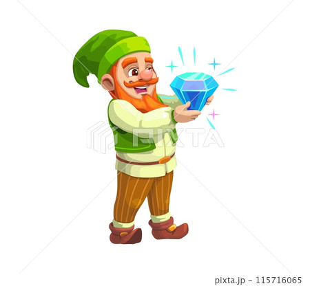 Cartoon gnome dwarf jeweler character with diamond. Isolated vector gleeful elf personage dressed in vibrant attire and hat, marvels at a sparkling blue gemstone, his expression alight with wonder Cartoon gnome dwarf jeweler character with diamond. Isolated vector gleeful elf personage dressed in vibrant attire and hat, marvels at a sparkling blue gemstone, his expression alight with wonder 115716065