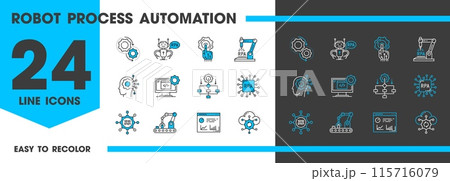 Rpa line icon, Robot Process Automation vector linear signs. Robotics, artificial intelligence and modern innovative technology, machine learning and chatbots. Outline symbols in blue and black color 115716079