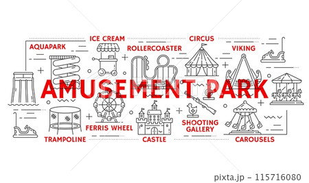 Amusement park, playground and funfair vector attractions line icons. Ferris wheel, rollercoaster, circus and aquapark. Rollercoaster and viking, trampoline, castle, shooting gallery, carousel 115716080