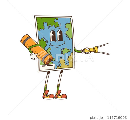 Cartoon map retro groovy travel camp and tourism character. Isolated vector charming anthropomorphic map holding flashlight and mat, with smiling face wearing sneakers and showing sense of exploration Cartoon map retro groovy travel camp and tourism character. Isolated vector charming anthropomorphic map holding flashlight and mat, with smiling face wearing sneakers and showing sense of exploration 115716098