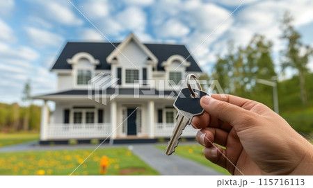 A person is holding a key in front of a house A person is holding a key in front of a house 115716113