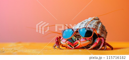 A crab wearing sunglasses is sitting on a sandy beach A crab wearing sunglasses is sitting on a sandy beach 115716182