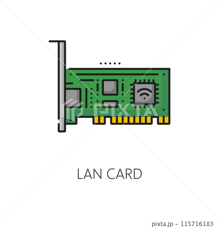 Computer network software, PCI LAN card color thin line icon. Web network data service, digital technology software or hardware maintenance outline vector symbol with PC Internet connection equipment Computer network software, PCI LAN card color thin line icon. Web network data service, digital technology software or hardware maintenance outline vector symbol with PC Internet connection equipment 115716183