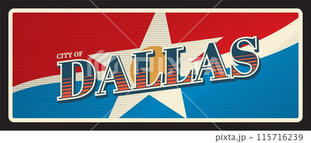 Dallas USA travel sticker, vintage tin plaque, tourist destination card. United States of America banner, vector tin plate with flag star symbol. USA vacation tour postcard or souvenir card 115716239