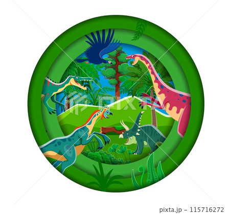 Paper cut landscape with prehistoric dinosaurs. Cartoon 3d vector round papercut frame filled with Argentavis Anchisaurus chasmosaurus oviraptor and suchomimus Dino species at green jungle landscape Paper cut landscape with prehistoric dinosaurs. Cartoon 3d vector round papercut frame filled with Argentavis Anchisaurus chasmosaurus oviraptor and suchomimus Dino species at green jungle landscape 115716272