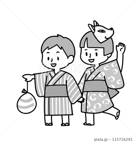 浴衣で祭りを楽しむ女の子と男の子 浴衣で祭りを楽しむ女の子と男の子 115716291
