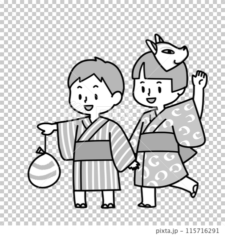 浴衣で祭りを楽しむ女の子と男の子 浴衣で祭りを楽しむ女の子と男の子 115716291