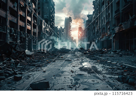 Generative ai on theme of city destroyed street flooded after massive floods and natural big rains 115716423