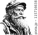 An old man who has lived a hard working life. In pen drawing style. Isolated drawing on a white background. 115716638