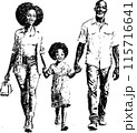 Cute african american family walking. In pen drawing style. Isolated drawing on a white background. 115716641
