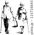 Elderly nice couple walking. In pen drawing style. Isolated drawing on a white background. 115716643