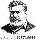 Middleaged man, experienced, bearded. In pen drawing style. Isolated drawing on a white background. 115716646