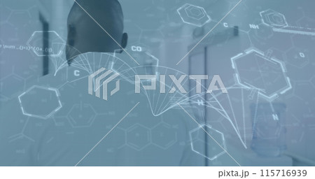 Image of dna strand and medical data processing over african american male doctor 115716939