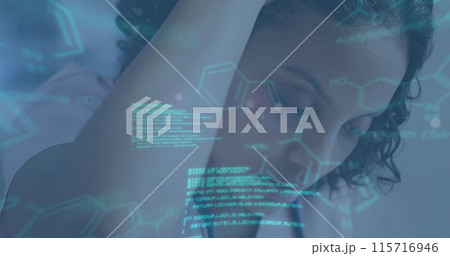 Image of medical data processing over tired biracial female doctor Image of medical data processing over tired biracial female doctor 115716946