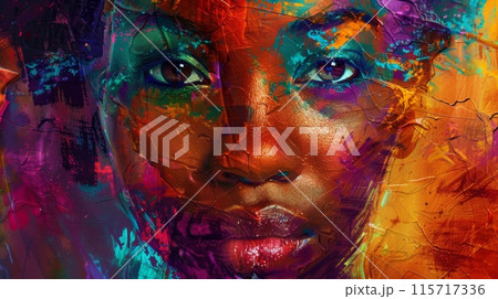 Abstract oil painting of a woman face emerging from a colorful background 115717336