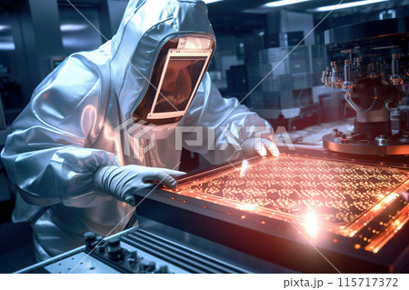 Generative ai on theme of man in protective suit holds microchip for design abstract background 115717372