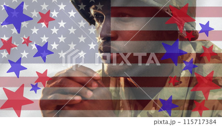 Composition of red and blue stars, over thoughtful male soldier and american flag 115717384