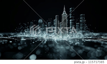 Abstract glowing wireframe hologram of a cityscape at night, on a dark background with bokeh Abstract glowing wireframe hologram of a cityscape at night, on a dark background with bokeh 115717385