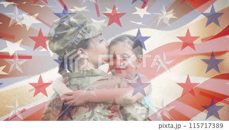 Composition of red and blue stars and stripes over mother soldier holding daughter and american flag 115717389