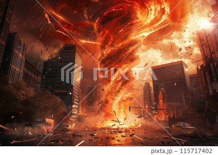 Generative ai on theme of scary huge hurricane fire tornado, apocalyptic dramatic background 115717402