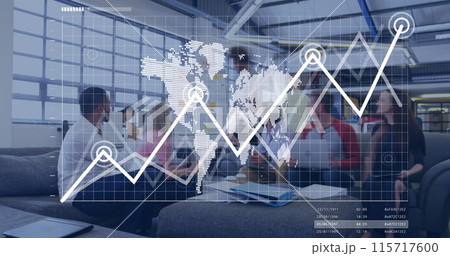 Image of financial data processing over diverse group of business people 115717600
