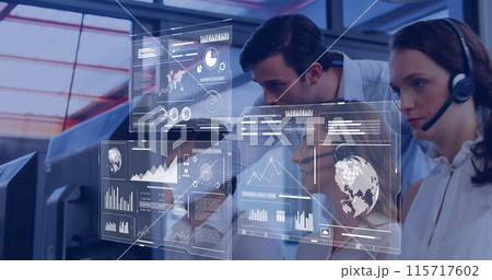 Image of financial data processing over diverse group of business people 115717602