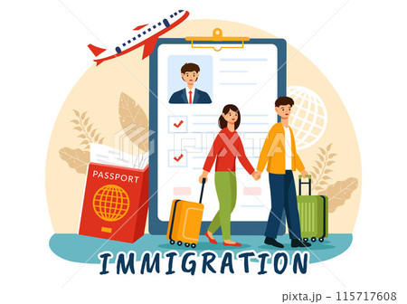 Immigration Vector Illustration, Movement of People with Document Visa and Passport for Relocating to Another Country in a Flat Cartoon Background Immigration Vector Illustration, Movement of People with Document Visa and Passport for Relocating to Another Country in a Flat Cartoon Background 115717608