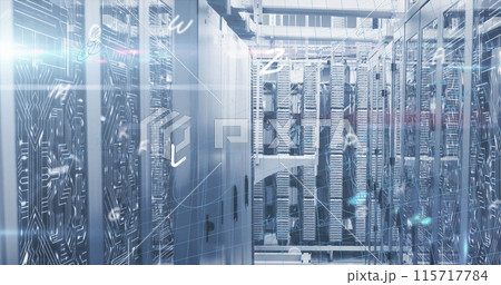Image of mathematical equations and letters over server room 115717784