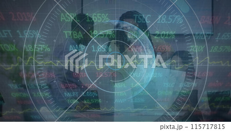 Image of data processing over diverse business people in office Image of data processing over diverse business people in office 115717815