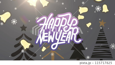 Image of happy new year text with bells and snowflakes falling over trees Image of happy new year text with bells and snowflakes falling over trees 115717825