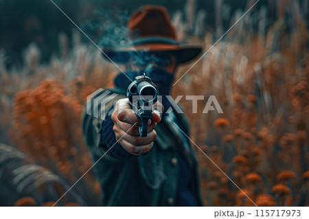Generative ai on theme of a unshaven cowboy in leather hat with a pistol in a powerful male hand 115717973