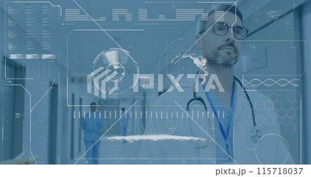 Image of scope scanning and data processing over caucasian male doctor at hospital Image of scope scanning and data processing over caucasian male doctor at hospital 115718037