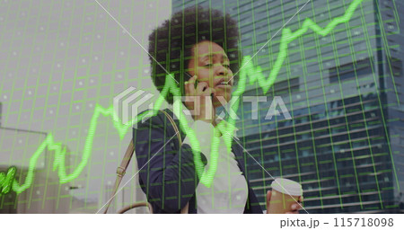 Image of business data over african american woman using smartphone 115718098