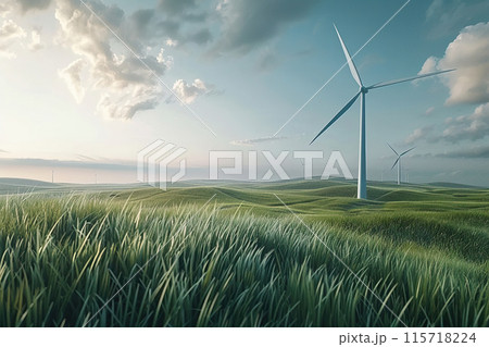 Generative ai on theme of wind power farm with rotation propellers, does not pollute environment 115718224
