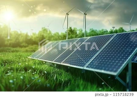Generative ai on theme of solar cell panels and wind power farm, way alternative renewable power 115718239