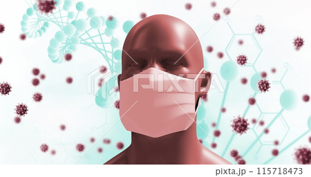 Digital human head with mask and virus models illustrates COVID-19 concept. 115718473