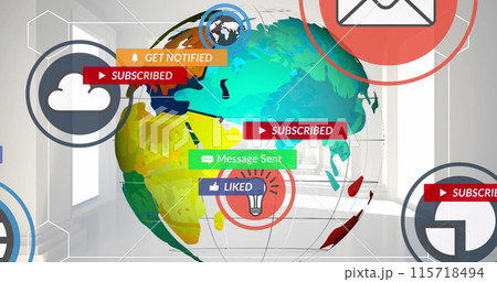 Image of social media icons with texts over globe and house interior 115718494