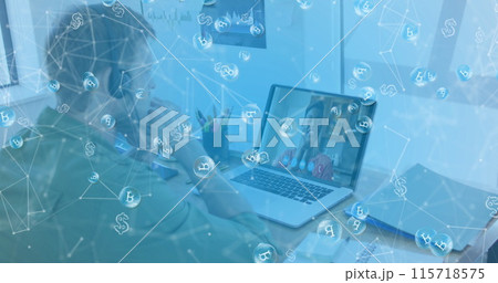 Image of bitcoin icons over caucasian man using phone headset and laptop Image of bitcoin icons over caucasian man using phone headset and laptop 115718575