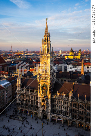 Aerial view of New Town Hall in Munich during sunset, Bavaria, Germany Aerial view of New Town Hall in Munich during sunset, Bavaria, Germany 115718577