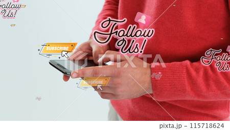 Image of follow us over midsection of caucasian man using smartphone at beach 115718624