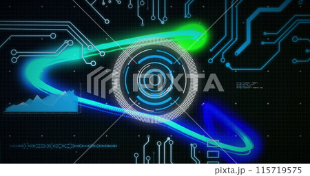 Image of blue light trails over circular scanner, data and motherboard on black background Image of blue light trails over circular scanner, data and motherboard on black background 115719575