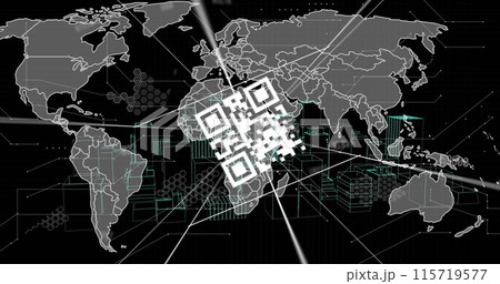 Image of changing numbers over qr code and world map against spinning 3d city model 115719577