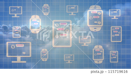 Image of desktop showing online ai chat processing on electronic devices over clouds 115719616