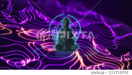 Image of buddha statue, data processing and network of connections 115719701