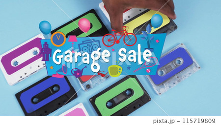 Image of garage sale text over hand holding tape on blue background Image of garage sale text over hand holding tape on blue background 115719809