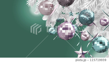 Christmas decorations hanging on christmas tree against spots of light on green background Christmas decorations hanging on christmas tree against spots of light on green background 115719939