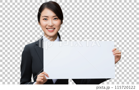 OL smiling suit woman holding a white blank flip 115720122